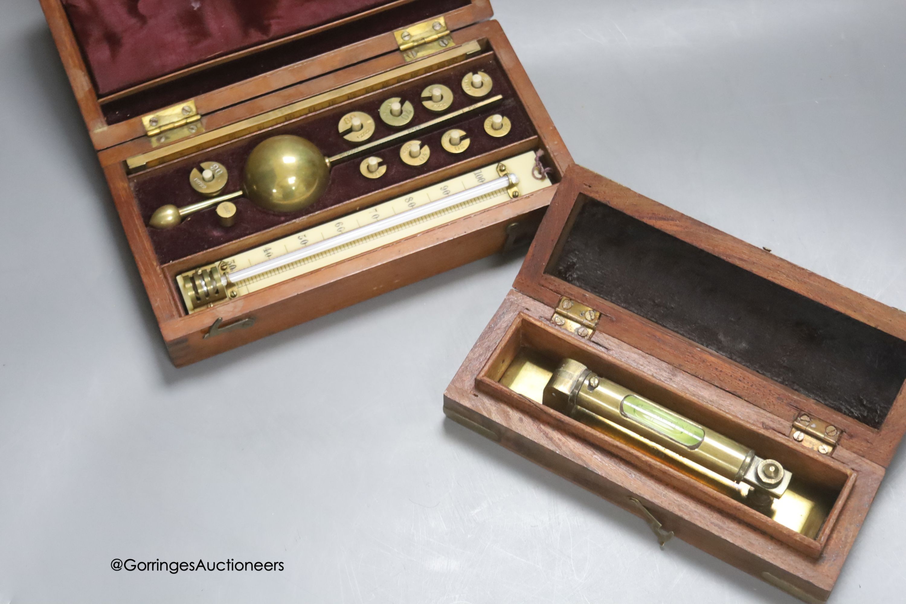 A Stanley, London spirit level, 1872 (cased) and a Sykes Hydrometer (cased)